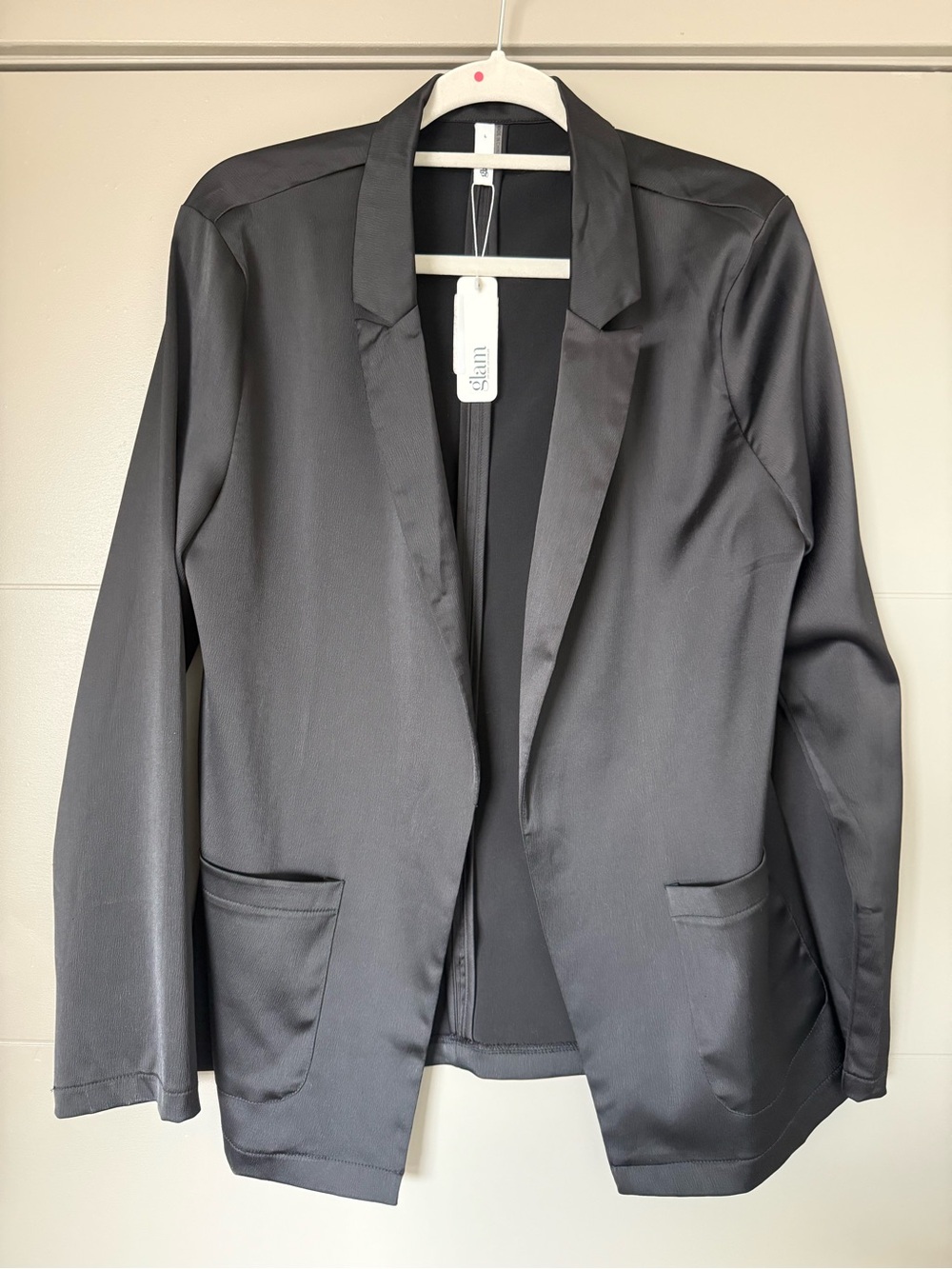 glam Black Satin Open-Front Blazer Jacket